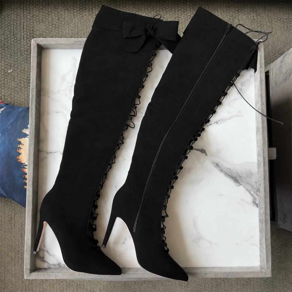 ASOS Black Faux Suede Bow Thigh High Lace Up Boots NEW Size 5